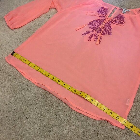 American Eagle Sheer Neon Orange Pink Bohemian Blouse - Picture 12 of 14